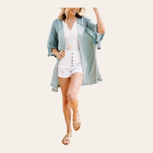 1182. Umgee LINEN BLEND KIMONO SHORT SLEEVES FRAY HEMS SIZE SMALL/MEDIUM GREEN - Picture 2 of 13